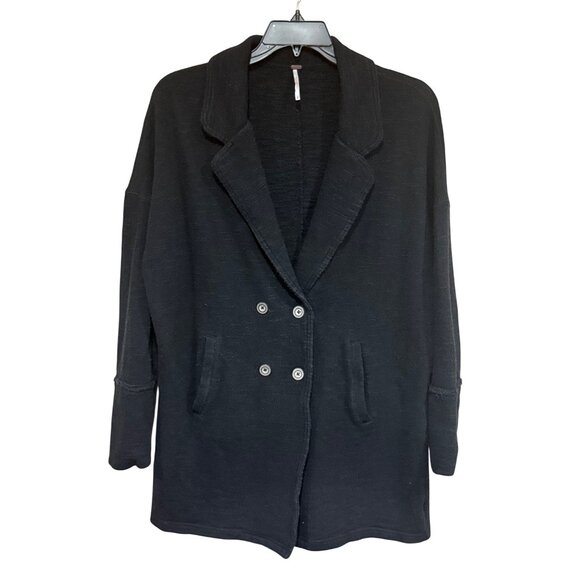 Free People Casual Friday Black Slub Knit Longline Sweater Blazer Size Large - Picture 1 of 10